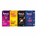 Funtime Flavoured Condoms Combo Pack of 4 (10 Pcs Each Pack) | Lubricated, Dotted, Ribbed & Contoured | Long Last Condoms for Men Black Grapes | Banana | Vanilla | Climax Control (Total 40pcs)