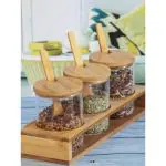 Goodhomes Glass Jar with Wooden Lid, Spoon & Stand (Set of 3pcs Canister with Wooden Lid, 3pcs Wooden Spoon & 1pcs Wooden Stand) 220ml