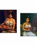 DECOR ADVENTURES Women with Veena and Violin by Raja Ravi Varma Wall Paintings 14 x 18 inch (Pack of 2)