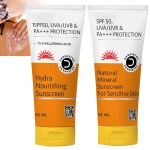 Dermistry Natural Mineral & Water Based Sunscreen for Sensitive Skin & Children and 1% Hyaluronic Acid Ultra Hydrating Nourishing Sunscreen Aqua Gel For Dry Combination Skin SPF 50 UVA UVB PA+++ Sun Protection No White Cast
