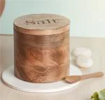 Classyo Wooden Salt Containers for Kitchen, Salt Jar for Kitchen with Wooden Spoon, Salt Storage Containers for Kitchen with Airtight Lid- Salt Box (5 Inch), 800ml
