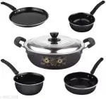 Kashvi Induction And Gas Compatible Kitchen Cookware Pack Of 6Pcs Non Stick Kadhai With Lid Fry Pan Sauce Pan Tadka Pan & Tawa Black Color