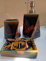 Kraftlik Handicrafts Ceramic Bathroom Accessories Set and Organization | Creative Design Bathroom Accessories | Hand Soap Dispenser | Soap Dish | Tumblers ( Set of 1, Green)