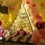 1iAM Happy Birthday Cabana Decoration Items For Husband, Wife, Boyfriend, Girlfriend | 24pcs Balloons, 1pc Banner, 2pcs Net, 1pc Light & Glue Dots For Indoor or Outdoor Party (Pink, White | Set of 29)