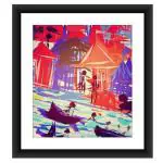 SHSWorks Digital Reprint | Banaras Ghat | Framed Abstract Wall Art Canvas Painting | Signed by Artist | Copyright Protected Artwork | Multicolour 15x17 Inch