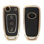 Siwan PU Car Key Cover for Tata Nexon | Altroz | Tiago | Punch | Harrier | Safari | Tigor | Hexa | Zest | Bolt 3 Button Flip Key Cover (Black-Gold)
