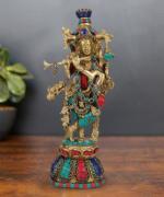 ARTVARKO Brass Lord Murli Krishna Statue Playing Flute - 13 inch