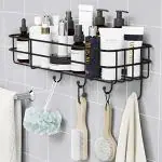 Plantex GI Steel Self-Adhesive Multipurpose Bathroom Shelf with Hooks/Towel Holder/Rack/Bathroom Accessories - Wall Mount (Black,Powder Coated)
