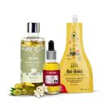 Nat Habit Body & Hair Care Combo for Maintaining Healthy Skin & Hair -Olive Almond Vit-E Summer 100ml for Accelerated Hair Growth,Saffron Tuberose Mukhalaya & Delicate Rose Daily Ubtan for Daily Face Care