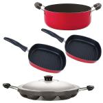 Nirlon 4 pcs of Red, Black Stain Resistance Non-stick Kitchen Cookware Essential Set with Bakelite Handle Standard