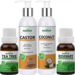 essancia Pack of 4 Castor oil + Coconut oil + Tea tree oil + Rosemary oil Combo of 2 Essential & 2 Carrier Oils. 100% Pure Natural Therapeutic Grade for Skin Care, Hair Care, Face Care And Reduces Dandruff & Aromatherapy (460 ml)