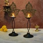 pujaNpujari Decorative Metal Tealight Candle Holders with Stand (Set of 2) - Decoration Items for Home Decor Center