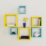 WOODCO HANDICRAFTS Wooden Floating Wall Shelf Storage Cube Wall Shelves (Blue & Yellow)