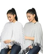 nene Breastfeeding Multi Purpose Scarf The Jersey Cotton Nursing Shawl, Breathable Breastfeeding Cover- Pack of 2 Large Size 180cmX55cm (Navy) (Grey-Grey Stripes)