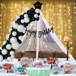 1iAM 45pcs Black & White Cabana Happy Birthday Decoration Combo - 41pcs Balloons,1pc Banner, Net, Light & Arch for Husband, Wife, Girls, Boys Birthday | Home, Room, Office Party Decoration Items