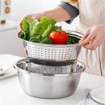 AARYANARI ENTERPRISE Kitchen Multipurpose Grater Bowl with Drain Colander Grater Mesh Basket 3 in 1 Stainless Steel Basin Vegetable and fruit Washing Bowl Strainer Cutter Salad Maker Set
