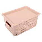 Kuber Industries Beige Plastic Bpa Free Attractive Design Multipurpose Large Trendy Storage Basket With Lid