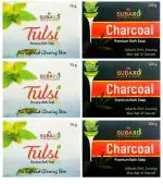Subaxo Herbal Tulsi (Basil) Bath Soap 3 Pc ( Each 75gm) AND Activated Charcoal Soap 3 Pc ( Each 100 Gm ) For Women & Men
