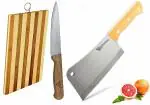 Shruthi Eco Friendly Kitchen Set 3 Packs 8 Inch Wooden Chopper Knife + 6 inch Chef Knife + Wooden Chopping Board, Heavy Duty Solid Stainless Steel Knifes