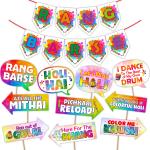 Party Propz Happy Holi Decorations Items for Party with Holi Props, Rang Barse Banner (Pack of 11)