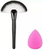 Lenon Fan Brush Makeup Blush Face Contour Foundation Cosmetic Beauty Foundation Brushes With 1 Sponge Beauty Blender (2 Items in the set)