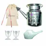 OREAYU Yoga and Ayurveda Steel Jala Neti Pot for Sinus, Nose Irrigation and Cleaning (600 ml) Steel Neti, Eye Wash Cup, Copper Tongue Cleaner and Plastic Neti Pot (4 Combo)