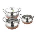 JVL Silver Stainless Steel Cookware And Serveware Essential Utensil Pot Handi Set With Lid 800ml, 1250ml, 1900ml (Pack of 3)