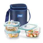 MILTON Treo All Fresh Square Glass Tiffin Containers with Insulated Jacket, 3 Containers, 320 ml Each, Blue | Microwave Safe | Ovensafe | Stackable | Leak Proof | Office | School | College | Picnic