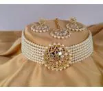 Gyaan Jewels Handmade Crystal Necklace, Earring and Maang Tikka Set White, Gold (Women) (Pack of 1) Free Size
