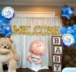 SPECIALYOU.IN Baby Boy Welcome Home Decoration Kit with Brown and Pastel Blue Balloons for decoration, white net curtain for decoration, backdrop for decoration, baby welcome home decoration kit- 48 Pcs