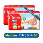 Niine Baby Diaper Pants Medium(M) Size (7-12 KG) (Pack of 2) 68 Pants for Overnight Protection with Rash Control