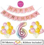 Festiko 55Pcs Birthday Combo Decoration Item (1Set Pink Hbd Banner, 1Pcs Rainbow Foil Balloons, 50Pcs Balloons Pink White Gold) (6th Birthday Decoration)