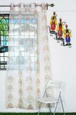 Parda Online Brown and White Tissue Embroidery Eyelet Abstract Window Curtain 7ft, (Pack of 4)