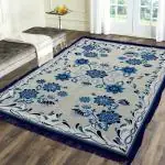 Zesture Jute and Cotton jacquard weaved floral 4.5feet *6 feet Carpet/Rug: Blue