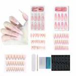 Coslifestore Press On Nails ,72 Reusable Gel Nail Extensions Shape Long Ballerina Pink, White, Glitter Nails With Full Application Kit Buffer, Manicure Tool, Jelly Tabs With Free Nail Glue