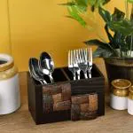 Cocktail Fancy Wooden MDF Spoon Holder, Cutlery Stand for Dining Table, Chammach Stand, Multifunctional organizer Stand for Kitchen, Tableware Storage Box, 2 Section, Brown (COCO)