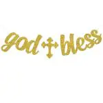 Festiko God Bless Banner, Glitter Baptism Decorations First Communion Party Supplies Christening Wedding Decors ( Golden Glitter)