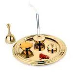 Prabha PVD Gold Coating Puja Thali, Ghanti, Roli Dibbi(Sindoor Dibbi), Agarbatti Stand, Diya, Pack of 5