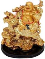 Sahebzaade Shui Laughing Buddha on Dragon for Remove Bad Luck Decorative Showpiece - 14 cm (Resin, Gold)