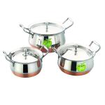 JVL Silver Stainless Steel Cookware And Serveware Essential Utensil Pot Handi Set With Lid 750ml, 1100ml, 1700ml (Pack of 3)