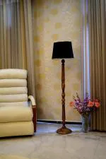 TU CASA Mango Wood Brown Floor Lamp with Black and Off White Drum Cylindrical Shade WF-11