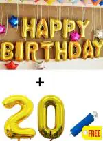 Festiko 20th Birthday Decorations Items (Happy Birthday Foil Balloon Pack Of 13 Letters, Gold, Number 20 Foil Balloons With Balloons Pump)