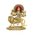 Goddess Durga riding a Lion with a Divine Halo for Home Decor in Metal by Handicrafts Paradise