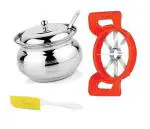 Stainless Steel Ghee Dani or Ghee Pot with 3 Pcs Round Lunch Box and Multicolour, Pack of 2