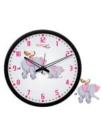 Random 12- inch Elephant And Owl Round Shaped Wall Clock With One Plaque And Glass (Quartz Movement, Black Frame)