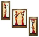 Indianara Set Of 3 Modern Tribal Paintings (1690) Without Glass 5.2 X 12.5, 9.5 X 12.5, 5.2 X 12.5 Inch