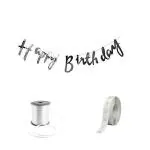 Hankley Silver Paper Calligraphic Happy Birthday Banner With String And Wall Adhesive Tap 16 inch