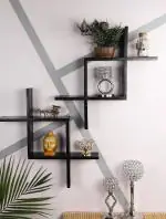 Home Sparkle Black Wood Cross Zig Zag Design Floating Wall Shelf (Set of 2) 225X40X225 Mm
