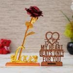 eCraftIndia Valentine Combo of Love Golden Red Rose Table Decor Gift Set Showpiece, 