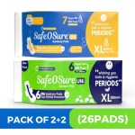 Safeosure Xl 280Mm Uni Super Soft Feel + Super Dri Feel Pads Safe & Hygienic Periods Pads with Wings (2+2Pack), 26Pads